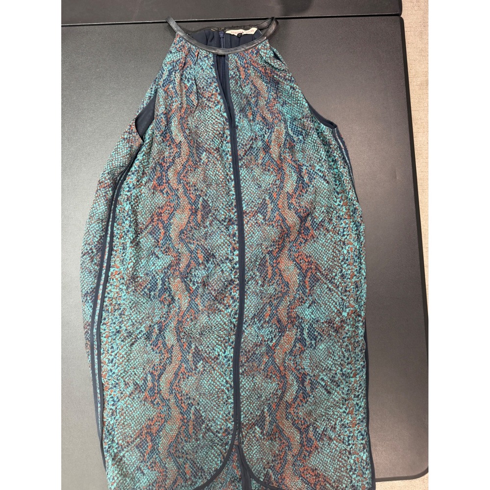 Rebecca Taylor Silk Snakeskin Halter Dress Teal Leather Trim Animal Print Sz 2